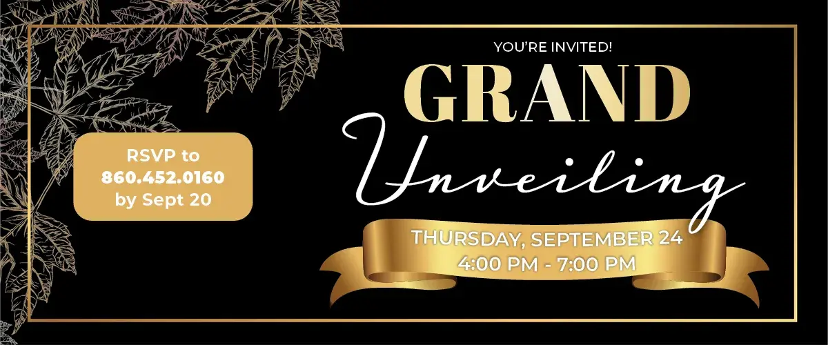 Grand Unveiling event graphic for Discovery Village Farmington featuring an elegant black and gold autumn design. Event is Thursday, September 24, from 4:00 to 7:00 PM, with an RSVP deadline of September 20.
